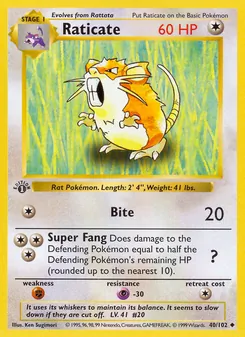 Raticate 40/102, carta de Pokémon de Edición Básica