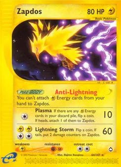 Zapdos 44/147, carta de Pokémon de Aquapolis