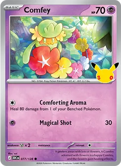 Comfey 077/128, carta de Pokémon de Celebración 30.º Aniversario