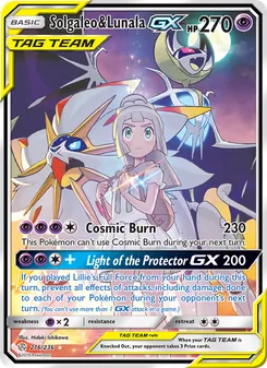 Solgaleo y Lunala GX 216/236, carta de Pokémon de Eclipse Cósmico