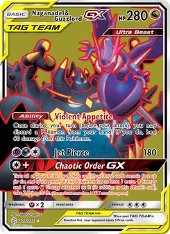 Naganadel y Guzzlord GX 223/236, carta de Pokémon de Eclipse Cósmico