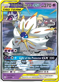 Solgaleo y Lunala GX 75/236, carta de Pokémon de Eclipse Cósmico