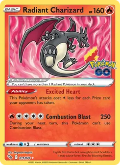 Charizard Radiante 011/078, carta de Pokémon de Pokémon GO